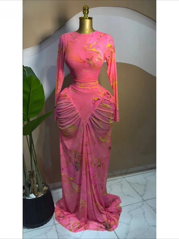 2026 Pink Women Tie Dye Printed Stacked Ruched Long Sleeve Midi Bodycon Maxi Long Dress Birthday Party Education Trendy Dresses