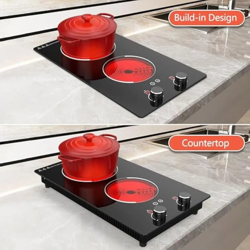 Electric Cooktop 2 Burners Knob Control Countertop Built-in Ceramic Cooktop