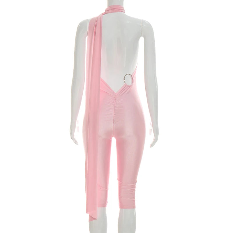 Women Fashion Overalls Playsuits Beach Vacation Clubwear Sexy Backless Ruched Halter Neck Tie Solid Slim Fit Capris Jumpsuit