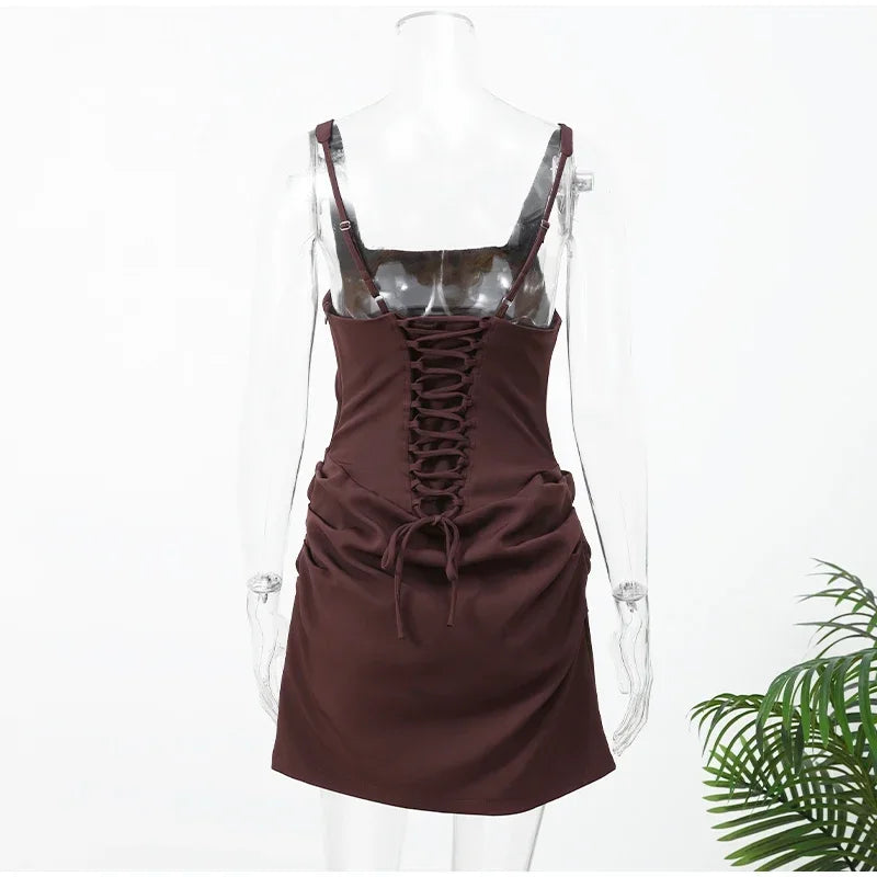 Women Sexy Square-neck Halter Mini Dress 2025 Pleated Sleeveless Backless High Waist Bodycon Dresses New Summer Lady Party Gowns