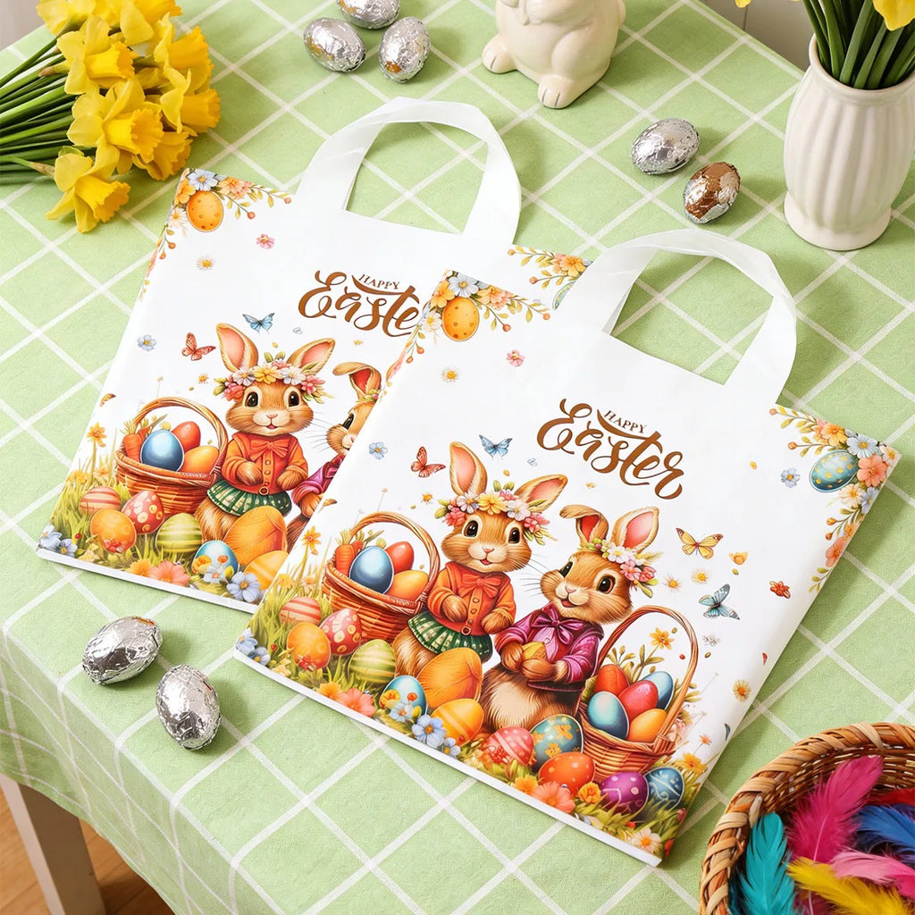 6pcs Happy Easter Large Gift Bags with Handles 25*30cm Plastic Tote Bags Cute Bunny Eggs Printed Treat Bags Easter Party Needs