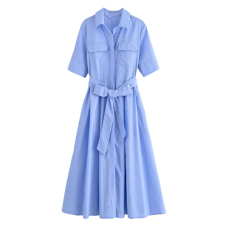Women Long dress With Belt Spring Poplin Lady Short Sleeve Dress Pocket Women's Midi Dress Side Zipper Female Dresses