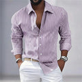 Men's striped button-down long-sleeved shirt, spring and autumn style, available in blue, pink, purple, brown, and green.