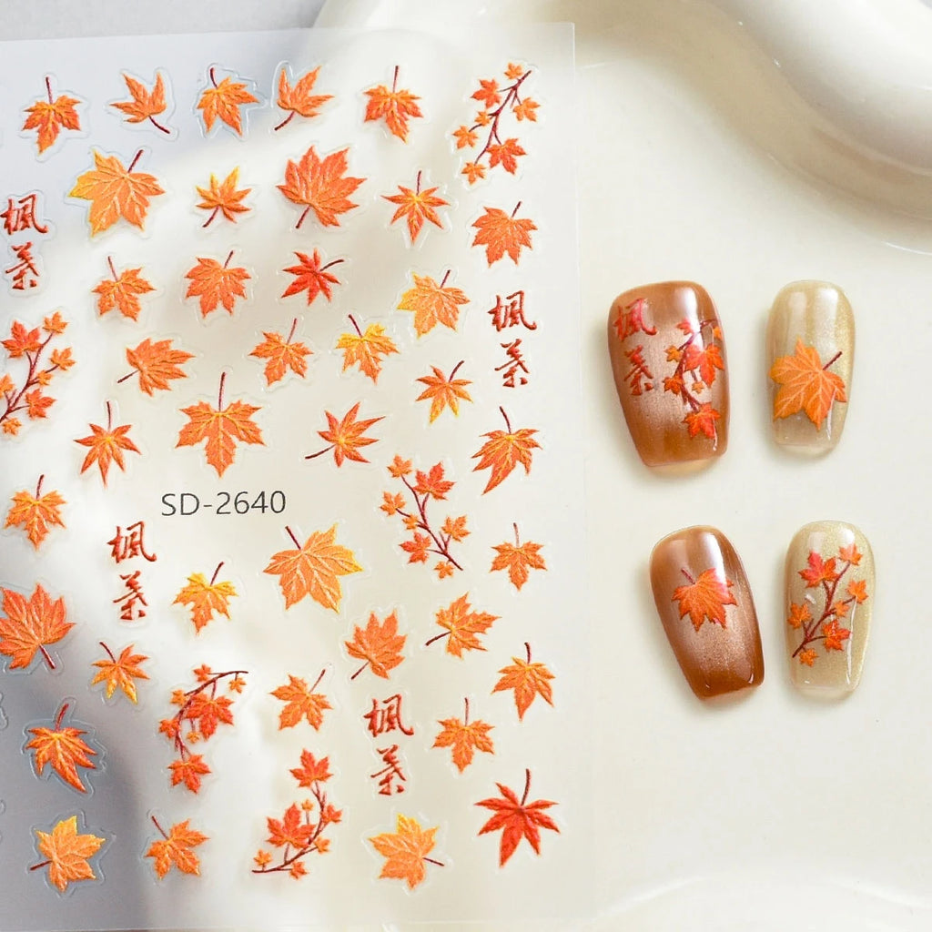 3 to 30 Sheets Autumn Maple Leaves Nail Stickers 5D Embossed Gold Foil Fall Leaf for Nails, Self-Adhesive DIY Manicure Art