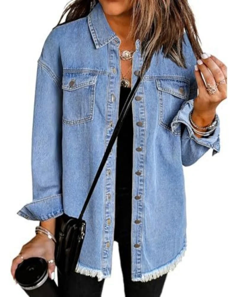 Women's Trendy Washed Denim Jacket New Spring Autumn Trimmed Edges Casual Classic Fit Jeans Jacket for Ladies