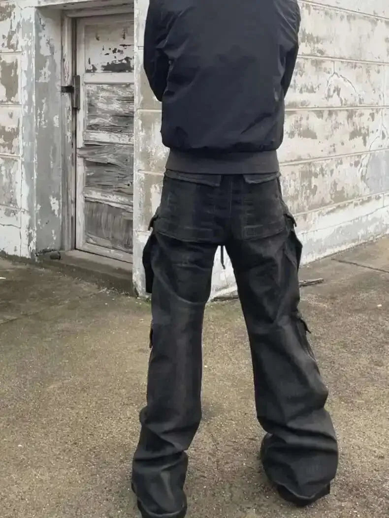 High Street Drawstring Zipper Sliced Wide Leg Cargo Pants Msn's Casual Loose Straight Trousers Loose Denim Pants