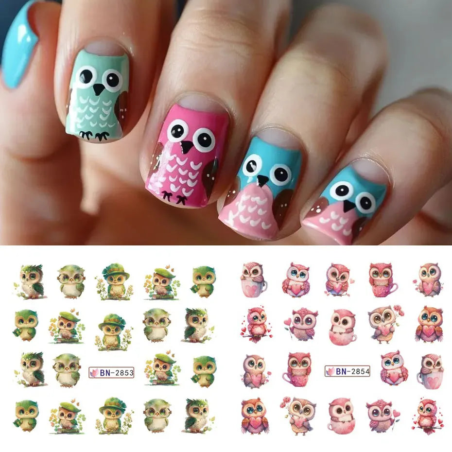 12Design Autumn Animal Nail Art Water Sticker Cartoon Owl Squirrel Fox Hedgehog Transfer Slider Fall Theme Fruits Manicure Decor