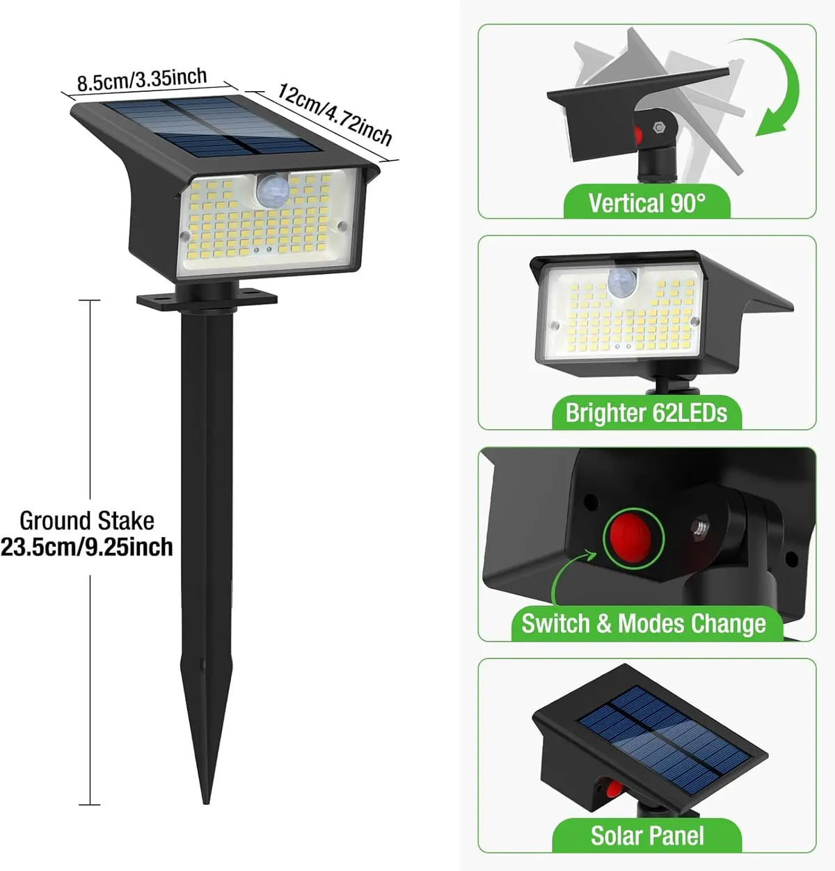 Solar Spot Lights Outdoor Motion Sensor, [62 LED]3 Modes Solar Landscape Spotlights Outdoor Waterproof,  for Yard Garden Patio