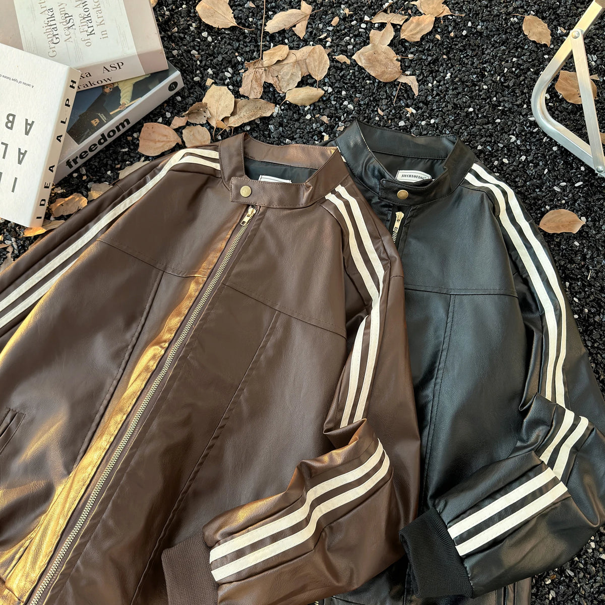 Men's Brown Leather Jacket American Retro Patchwork Striped Outerwear Youthful Style Summer Biker Coat Long Sleeve Zipper Clo...