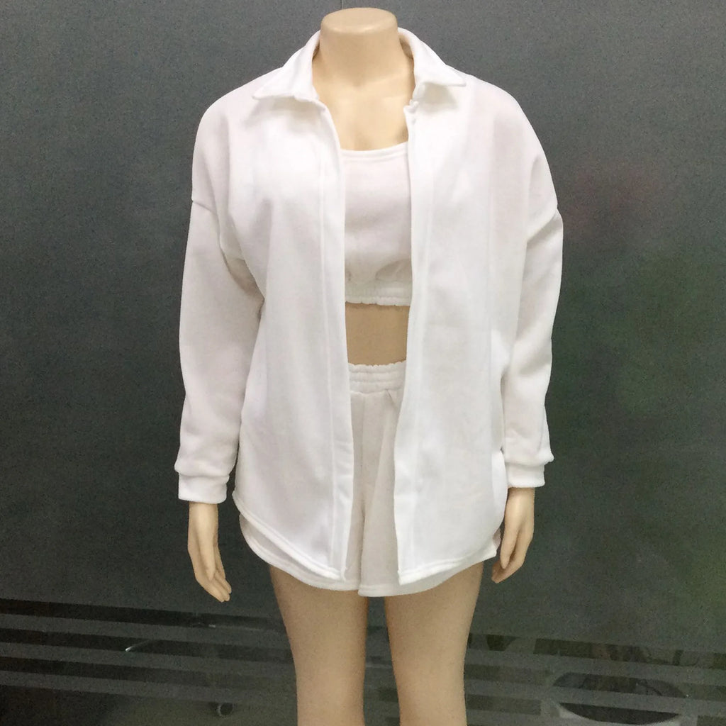 Women Fashion 3-piece Set Long Sleeve Lapel Coat O-Neck Short Tank Top Wide Leg Shorts High Street Sports Outfits Available 5XL