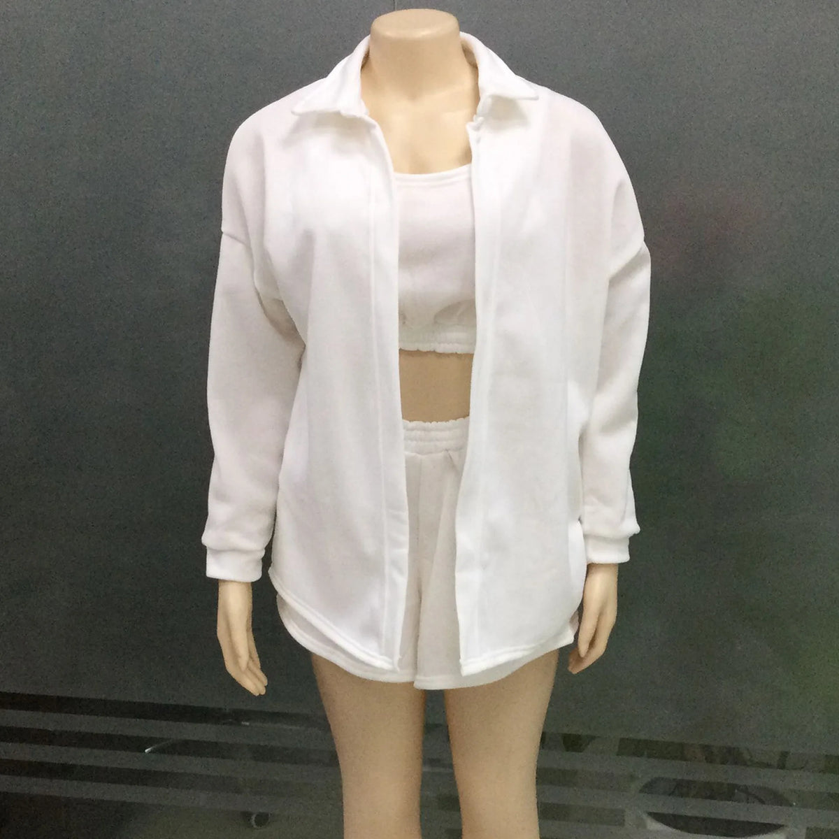 Women Fashion 3-piece Set Long Sleeve Lapel Coat O-Neck Short Tank Top Wide Leg Shorts High Street Sports Outfits Available 5XL