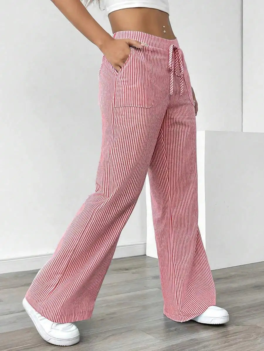 American Style Retro Vertical Stripe Drawstring Wide Leg Pants High Waist Dipping Loose Straight Casual Pants