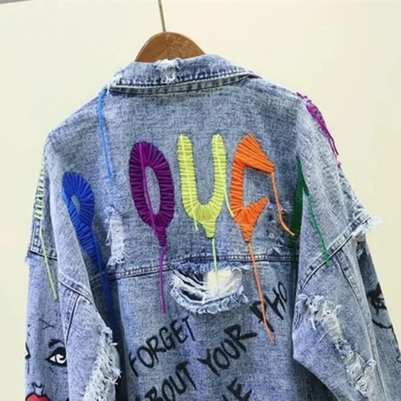 Rivet Beaded Line Tassel Letter Graffiti Print Women Denim Jacket Spring Autumn 2024 Casual Hole Denim Jacket Veste Femme