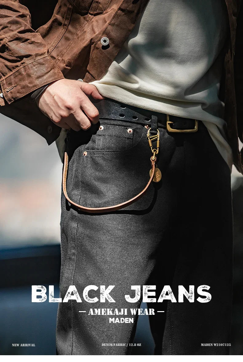 Maden 12.8oz Black Washed Denim Jeans Men's Vintage Mid Rise Straight Classic Casual Zip Fly Pants for Autumn Versatile Trousers