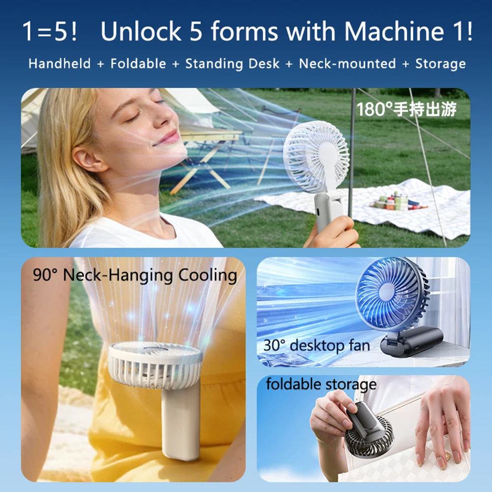 Outdoor Handheld Fan, Small Mini Fan, Foldable, Portable, Hanging on Neck, Speed, USB Rechargeable, 3600mAh Handheld ﻿