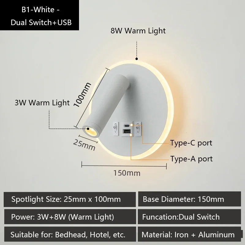 Modern Versatile LED Wall Sconce Lamp with Dual USB Ports Adjustable Side Reading Lights Modern Bedrooms Bedside Lamp