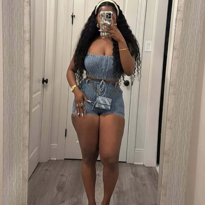 Women Fashion Sexy Denim 2 Piece Set Strapless Lace Up Spaghetti Straps Camisole Crop Tops + High Waist Shorts Casual Jeans Suit
