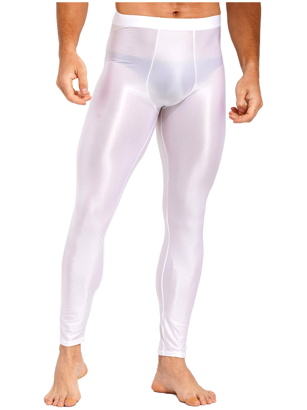 Men Elastic Waistband Skinny Shiny Yoga Tights Pants Solid Color Leggings Exercise Running Gym Fitness Training Sportswear