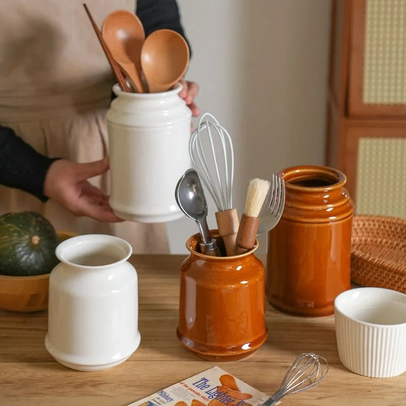Kitchen Utensil Holder, Ceramic Cooking Utensil Holder for Counter Top, Storage Organizer for Spatula Spoon and Fork Storage Jar