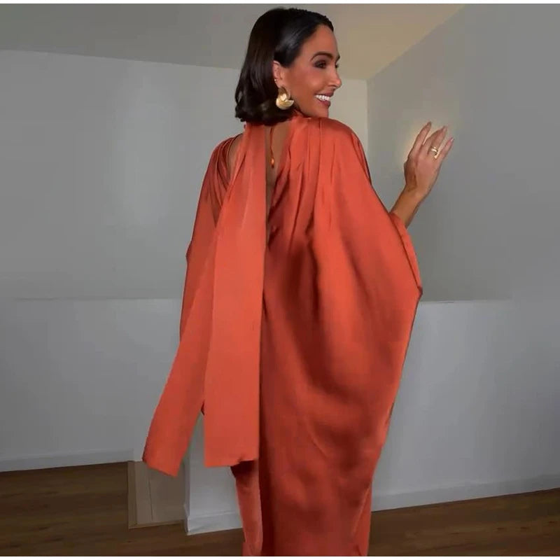Women Solid Satin Maxi Dress High Neck Batwing Sleeve Loose Fit Front Slit Dresses Lady 2026 Summer Elegant Evening Party Outfit