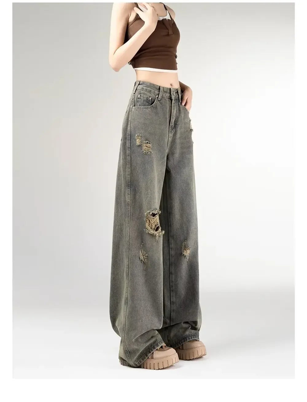 Women's Vintage Distressed Jeans High Waist Wide Leg Straight Denim Pants Loose Fit Summer Trousers 2025