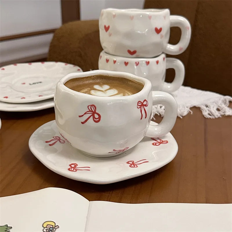 ins style retro flower ceramic cups and saucers, hand-squeezed irregular coffee cups and saucers, afternoon tea cups and saucers