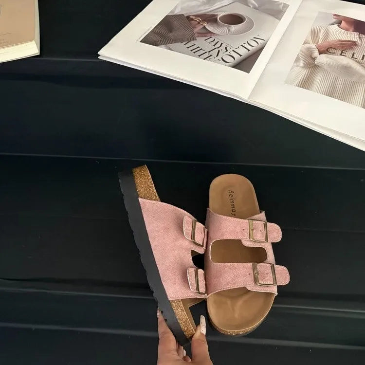 Aphixta Cork Clogs Slippers For Women Classic Suede Summer Sandals Fashion Outdoor Beach Shoes With Adjustable Metal Buckle