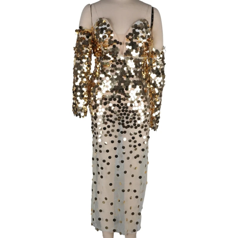 Long Sleeve Bare Shoulder Glitter Sequined Dress See Through Mesh Spliced Bodycon Party Cocktail Evening Dress for Women