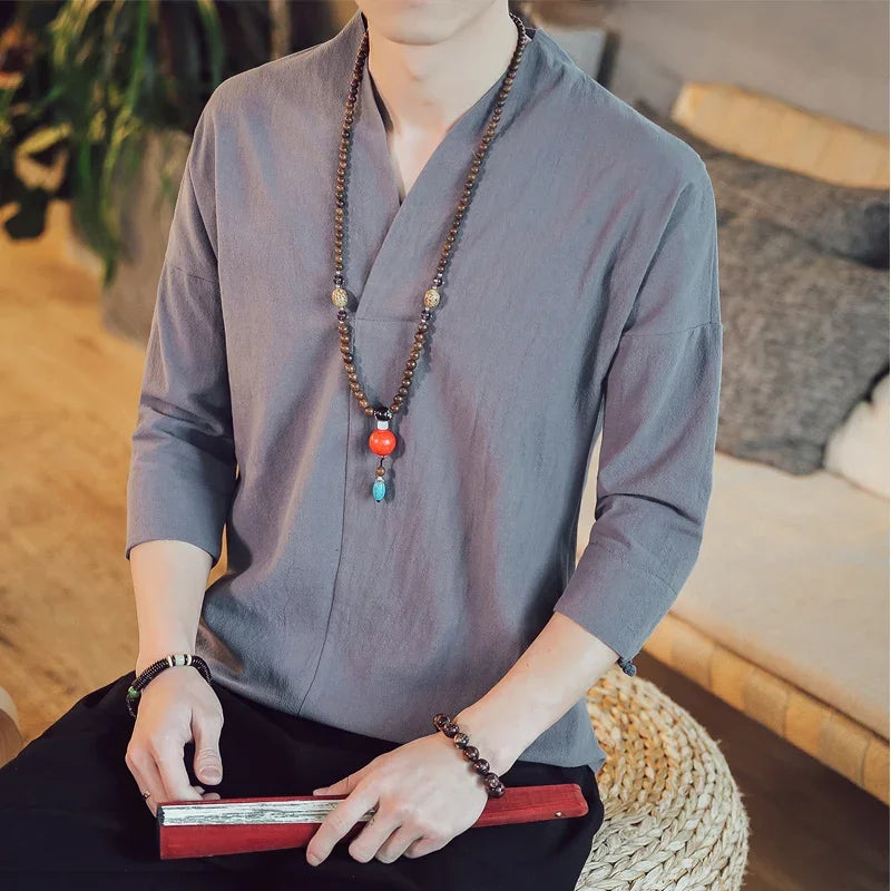 Summer Kimono Japanese Style Short Sleeve Men New Half-sleeved Cotton Linen Breathable Men Clothing T-shirt Japanese Yukata Tops