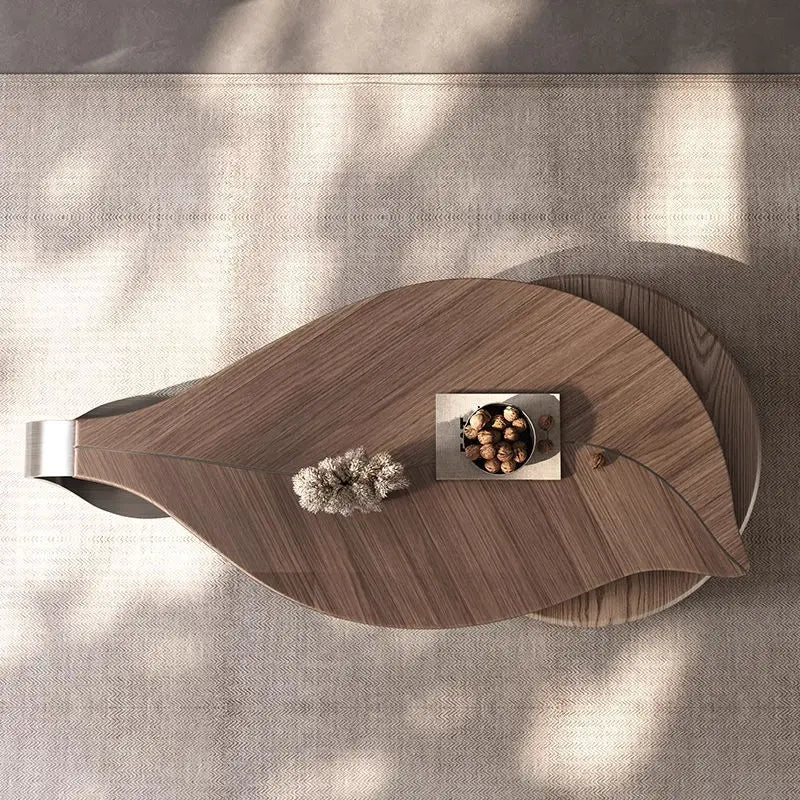 French antique leaf-shaped solid wood coffee table with walnut veneer for living room furniture
