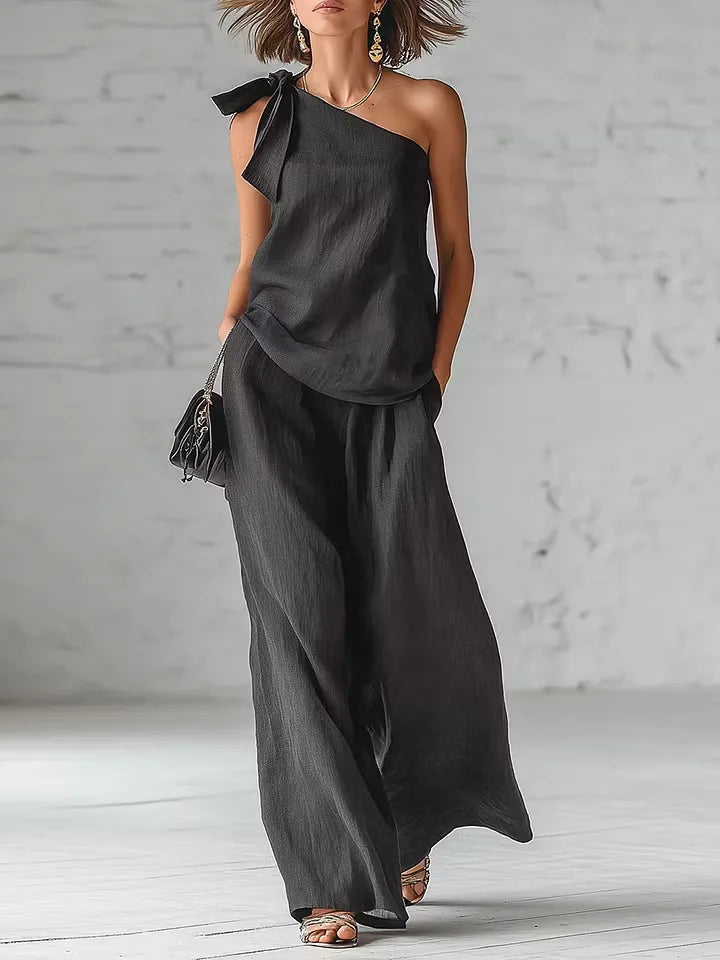 Women's 2 Piece Set 2026 Summer Sexy One Shoulder Tie Knot Top And Wide Leg Pants Suit Casual Loose Summer Beach Vacation Outfit