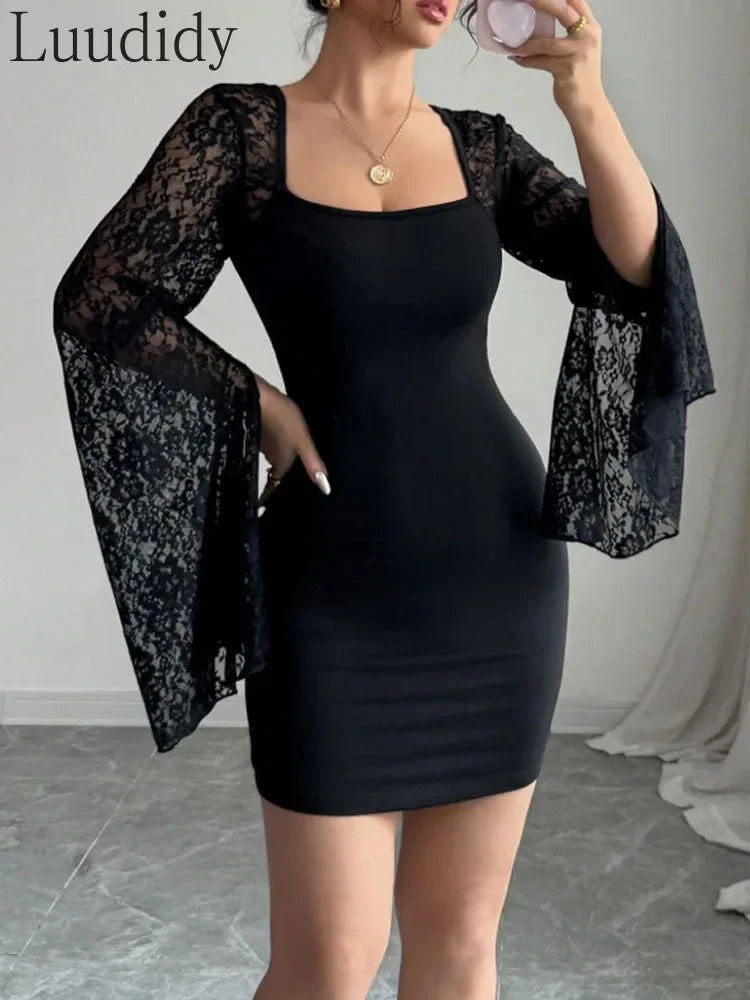 Women's Sexy Solid Color Square Neck Flare Sleeve Lace Spliced Skinny Mini Dress