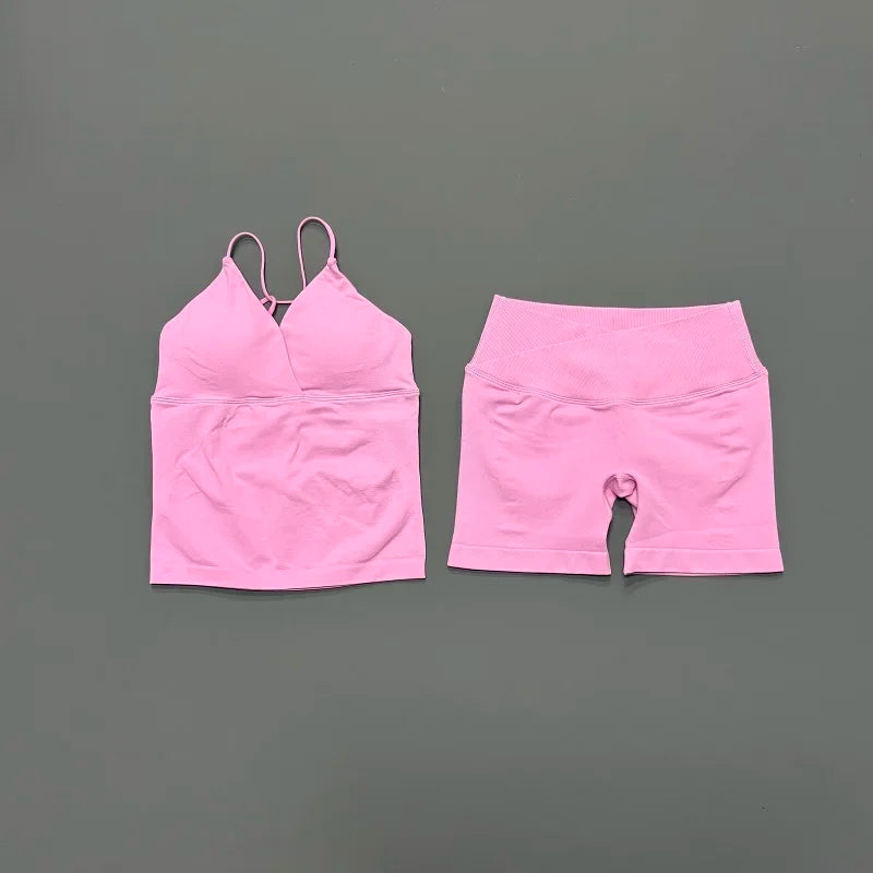 2Pcs Workout Shorts Set Women Cross Waist Scrunch Butt Shorts Tummy Control Racerback Tank Top Running Fitness Two Piece Suit