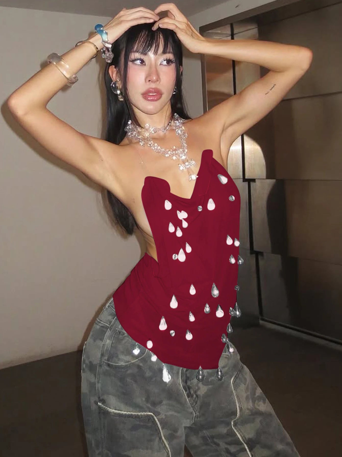 Dulzura Summer Fashion Sexy Backless Water Droplets Diamond Decorate Slim Suspender Mini Dress Evening Party Club Street Clothes