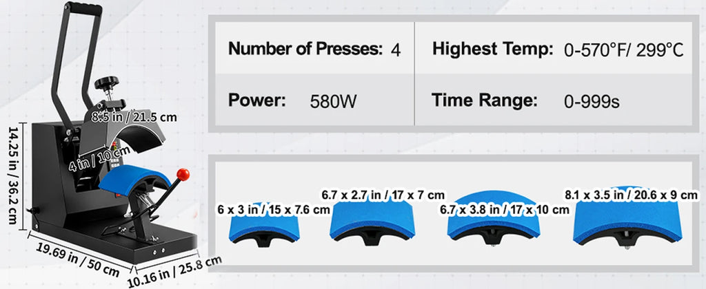 SucceBuy Hat Heat Press 4 in1 Cap Heat Press Machine 6x3inches Clamshell Transfer LCD Digital Timer Temperature Control