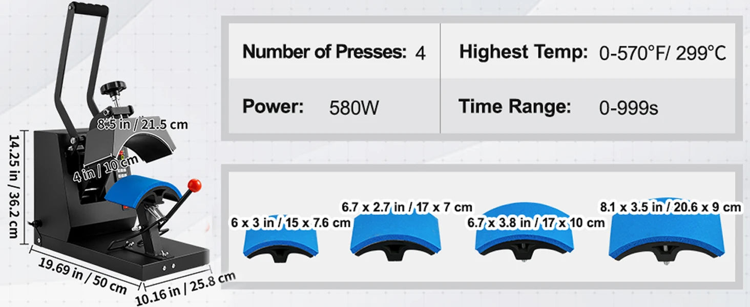 SucceBuy Hat Heat Press 4 in1 Cap Heat Press Machine 6x3inches Clamshell Transfer LCD Digital Timer Temperature Control