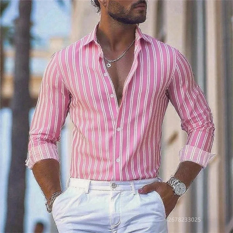 15 colors men's striped long-sleeved shirts, business office men's tops, spring and autumn lapel shirts, high-quality shirts