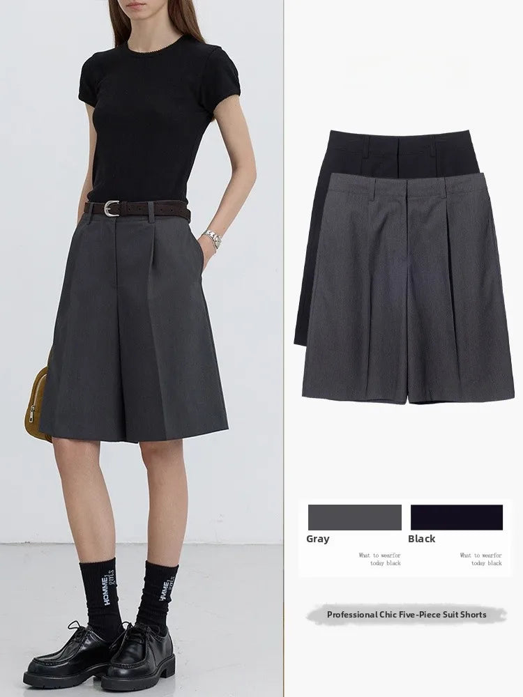 High Waist Suit Short Pants Women's Casual Loose Straight Leg Pants Summer Five Parts Outwear Comfortable Polyester Fiber