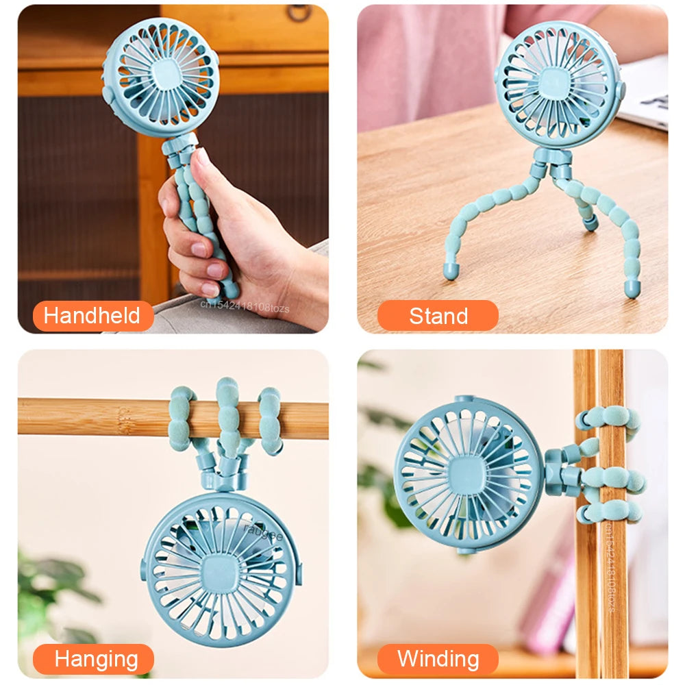 Baby Stroller Fan Folding Portable Octopus Mini Fan USB Rechargeable 3 Speed HandHeld Small Fan Flexible Tripod for Baby Outdoor
