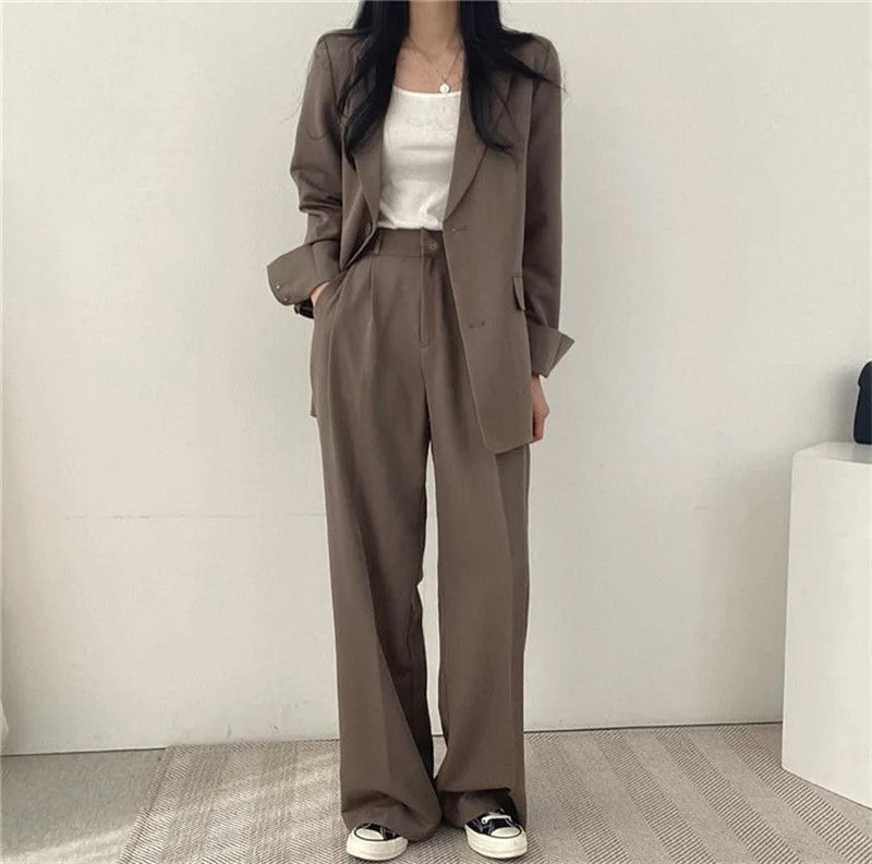 2026 Female Solid Color Blazer 2PCS Autumn Women Lapel Tops High Waist Outfit Korean Ladies Long Sleeves Suit Wide Leg Pants