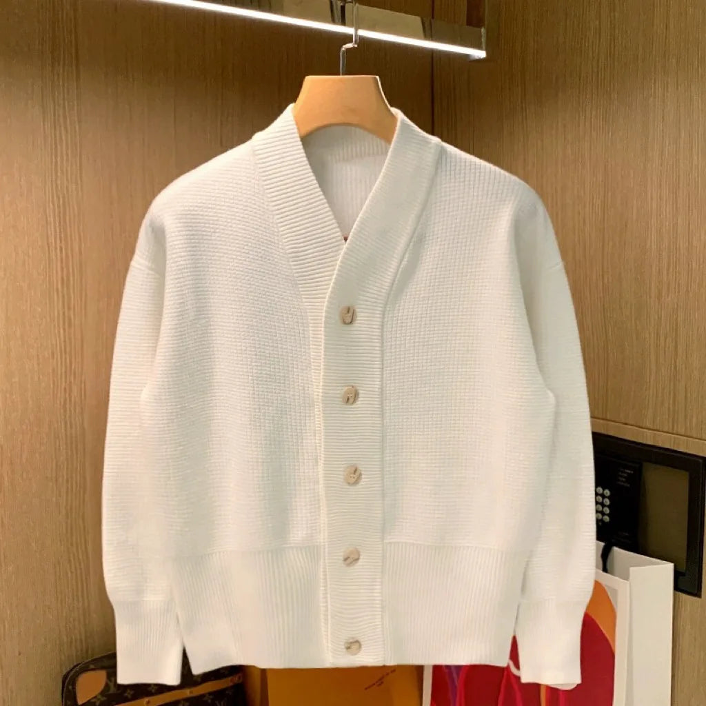 Vintage Elegant Men Knitted Cardigan Sweater  Autumn Winter Business Temperament V-neck Knitwear Fashion Loose Knit Coat