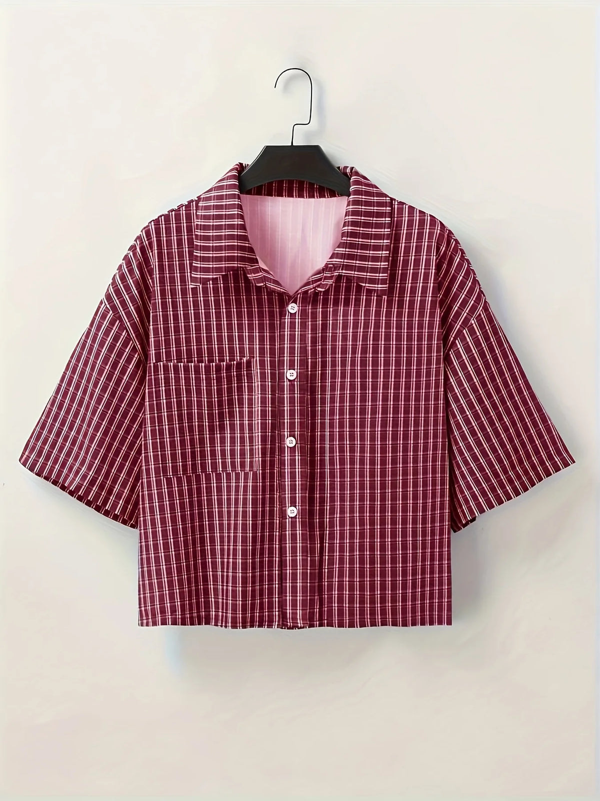Men's Short-Sleeved Button-Up Shirt, Retro Red Checkered Striped Casual Shirt, Suitable for Summer Streetwear Tops