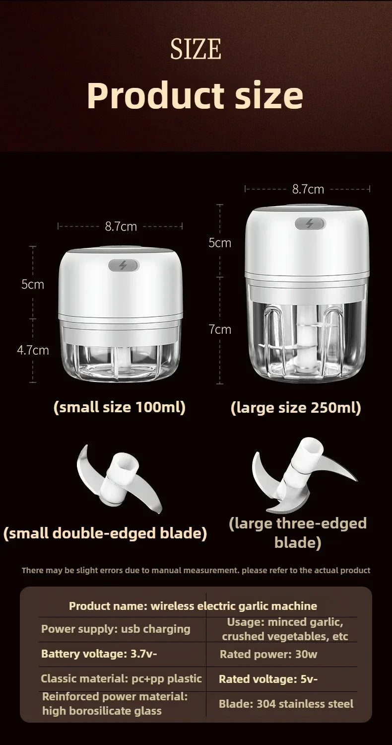 Electric Mini Garlic Chopper 100/250ML USB Vegetable Onion Chopper baby food processor Portable Small Food Processor