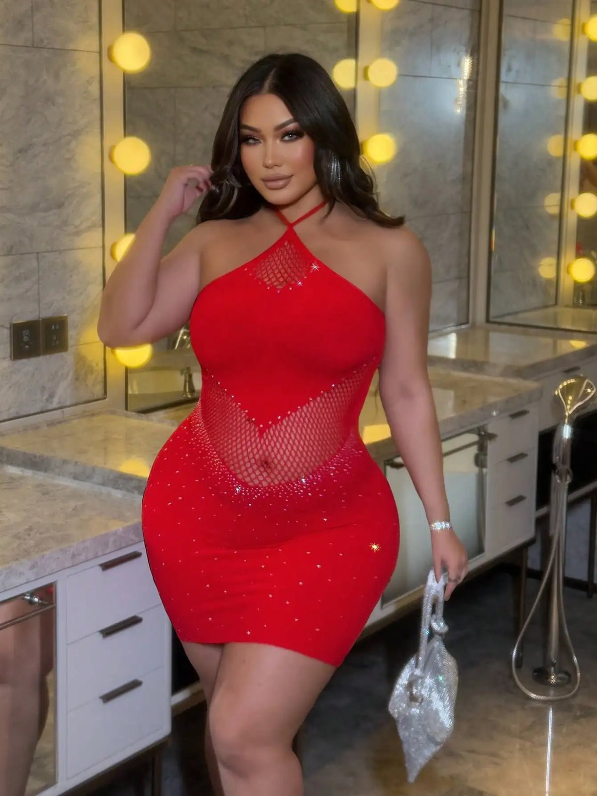 Women Rhinestone Sexy Dress Mesh Hollow Out Fitted Mini Dress Plus Size Sleeveless Skirt Club Party Summer Beach Wear Dress