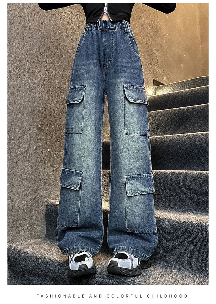 Kids Design Luxury Straight Leg Cargo Jeans with Multi Pocket for Teens Girl Cool Denim Pants Tweens Child Casual Jeans Trousers