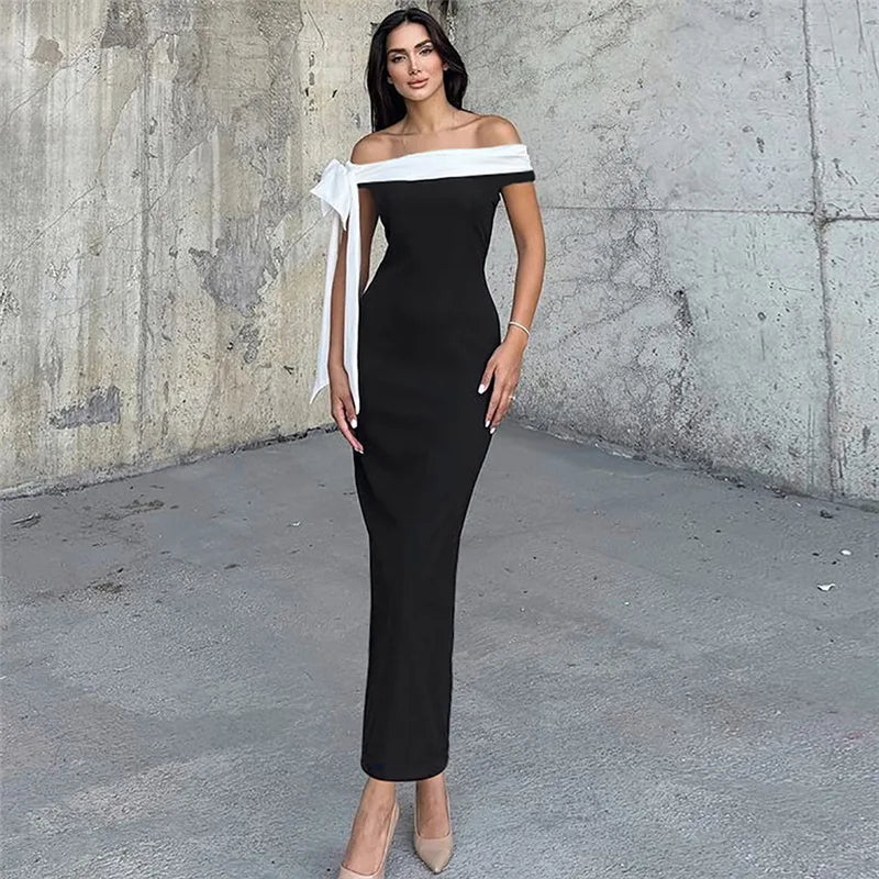 Tuularose Summer Bandage Long Dress Women's Elegant One Shoulder Bow Tie Slim Evening Dress Sexy Patchwork Party Dress Y2k 2025