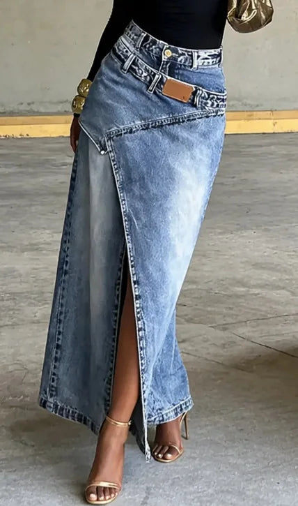 Washed Denim Maxi Skirt High Waist Asymmetric Front Slit Long Jean Skirt Irregular Patch Women Casual Split Denim Long Skirt