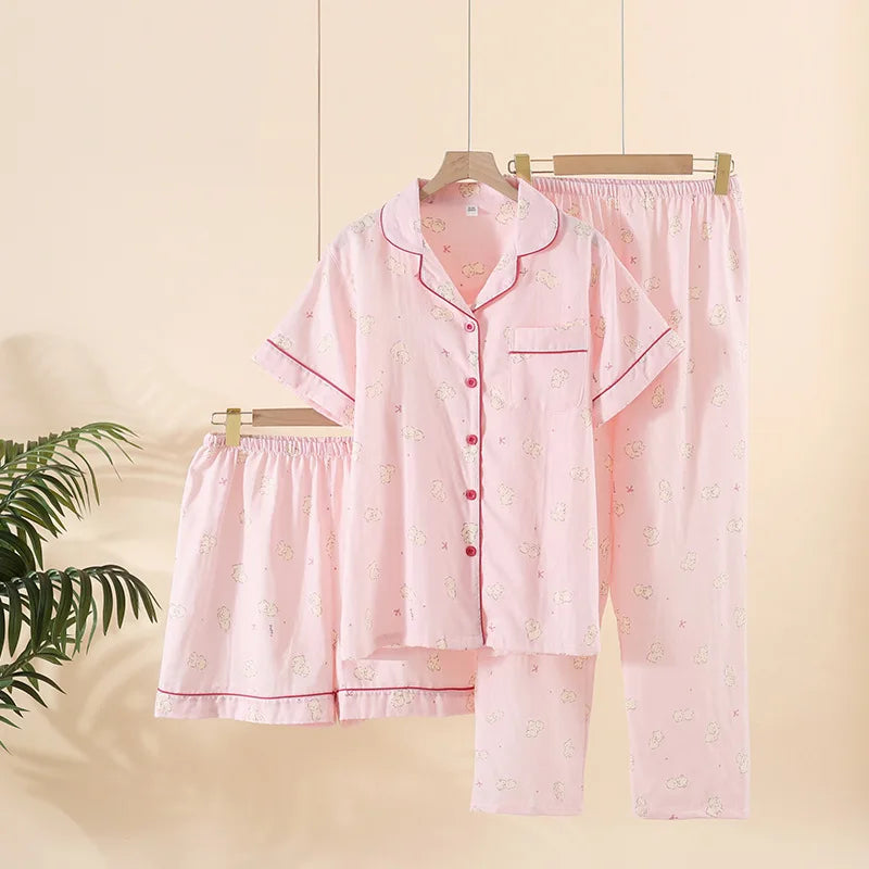 Three-piece Japanese-style pajamas women spring and summer autumn 100% cotton gauze short-sleeved shorts trousers summer suit ho