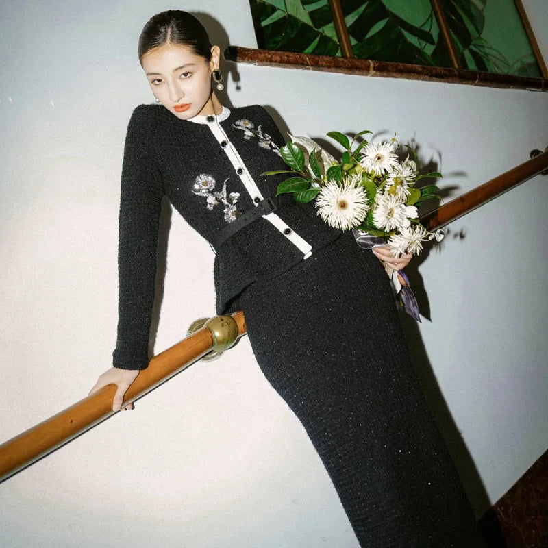 CHUJIE 2025 Autumn/winter New Fake Two-piece Design, Long-sleeved Round-neck, Floral Embroidery, Ruffle Decoration Knitted Dress