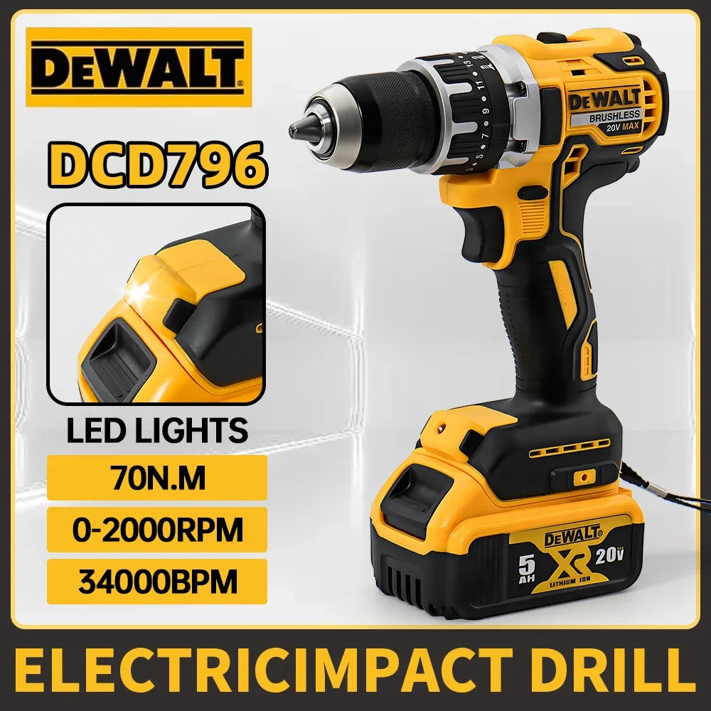 Dewalt DCD796 Wireless Brushless Impact Drill Power Tool 20V Battery Lightweight LED Light Electric Drilling tool